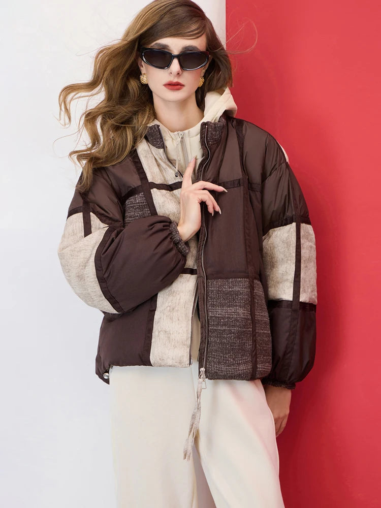Mulheres oversized cor bloco puffer jaqueta zip up inverno quente para baixo casaco marrom bege retalhos solto ajuste leve outerwear