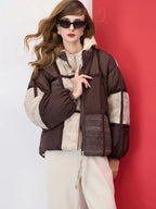 Mulheres oversized cor bloco puffer jaqueta zip up inverno quente para baixo casaco marrom bege retalhos solto ajuste leve outerwear