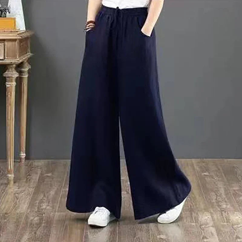 Mulheres retro tai chi solto calças de perna larga casual algodão linho calças de cintura alta esfregar calças retas uso diário streetwear