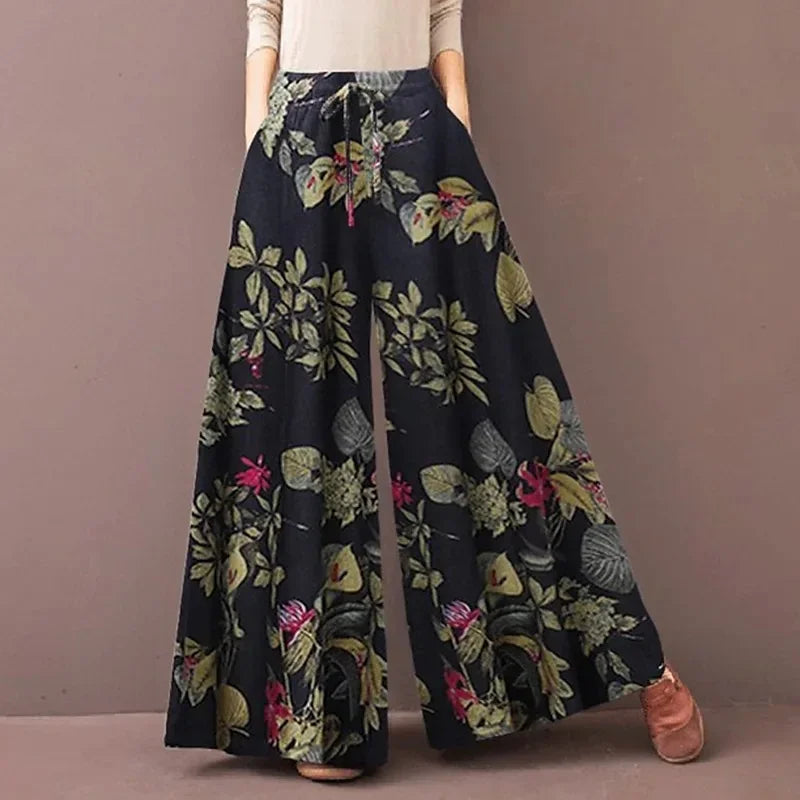 Floral impressão perna larga calças femininas primavera cordão bohemia senhora casual solto cintura elástica pantalonsw plus size