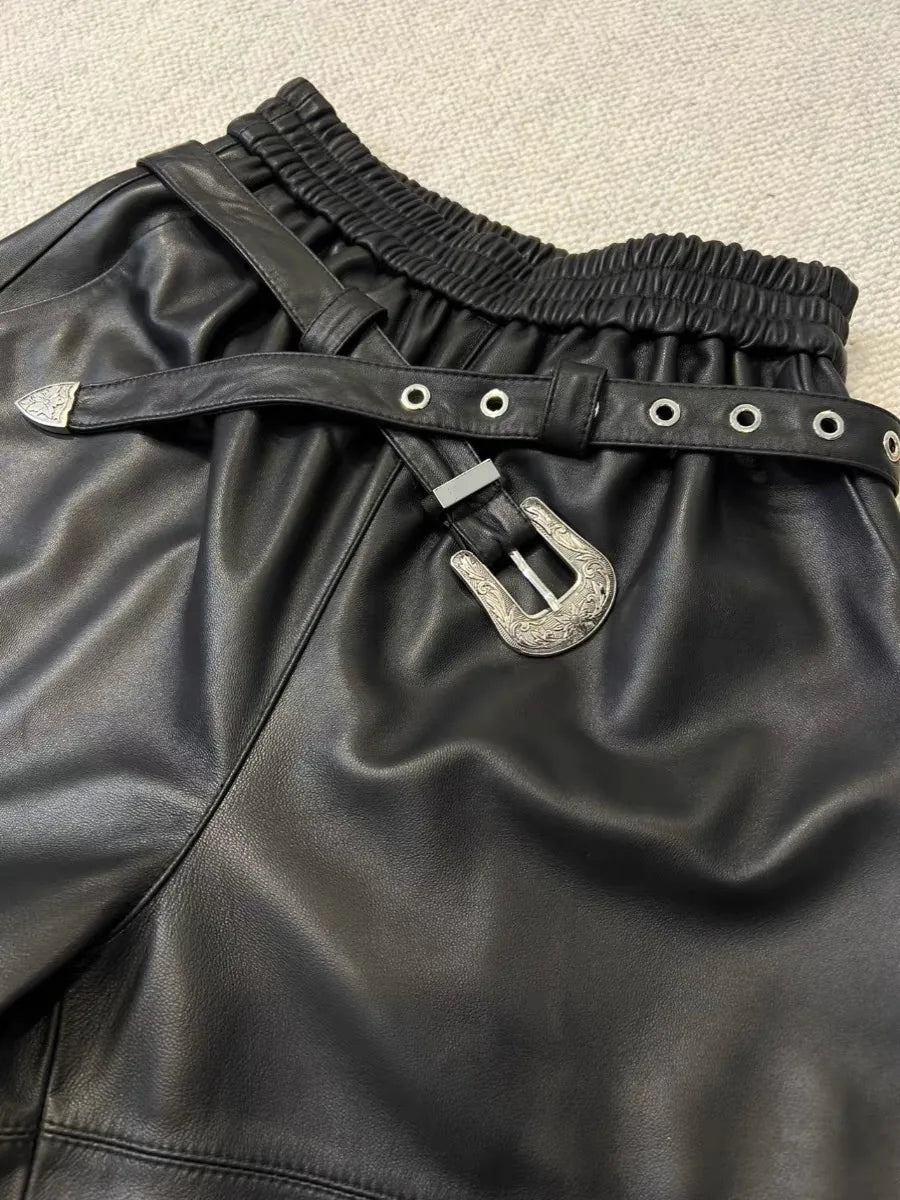 Y2k calças de carga femininas cintura alta calças largas 2025 nova moda coreana perna larga calças de couro genuíno streetwear estilo solto