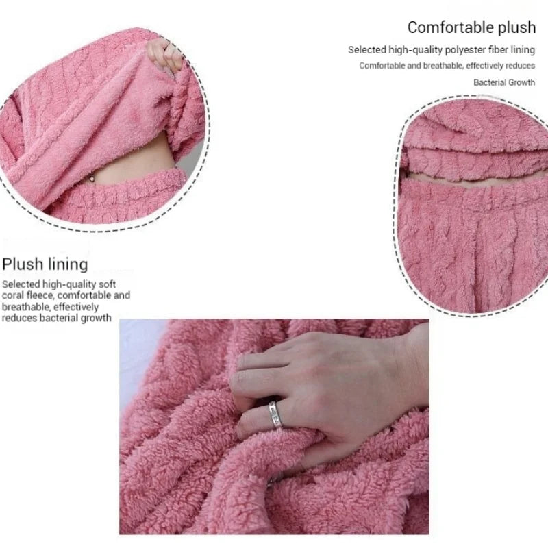 Winter Soft Coral Velvet Jacquard Warm Pajama Set for Women Solid Minimalist Striped Loungewear Female Comfortable Sleepwear New