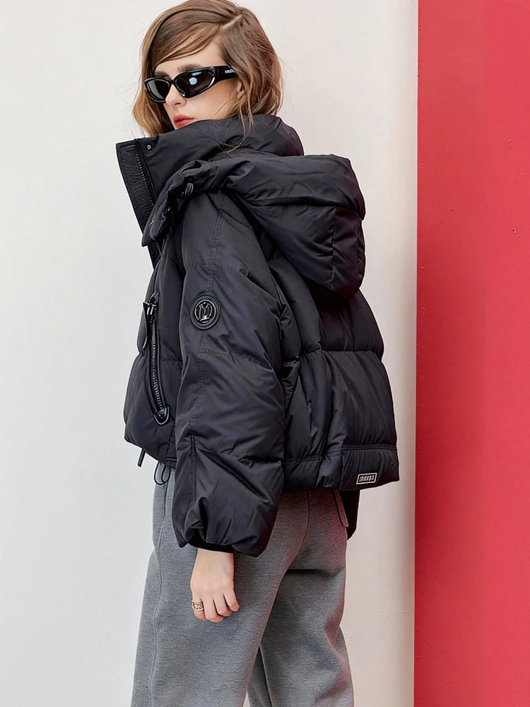 Jaqueta feminina oversized com capuz curto puffer real pato branco para baixo grosso quente casaco de inverno solto ajuste bolsos com zíper jaqueta para baixo