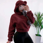 Inverno coreano moda orelhas de urso bonito solto hoodie fofo com capuz quente moletom manga longa topo sólido pulôver roupas para mulher