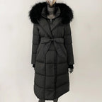 Down Jacket Women Winter Real Natural Fox Fur Hooded Detachable Collar Belt White Goose Down Coat Long Casual Elegant Overwears
