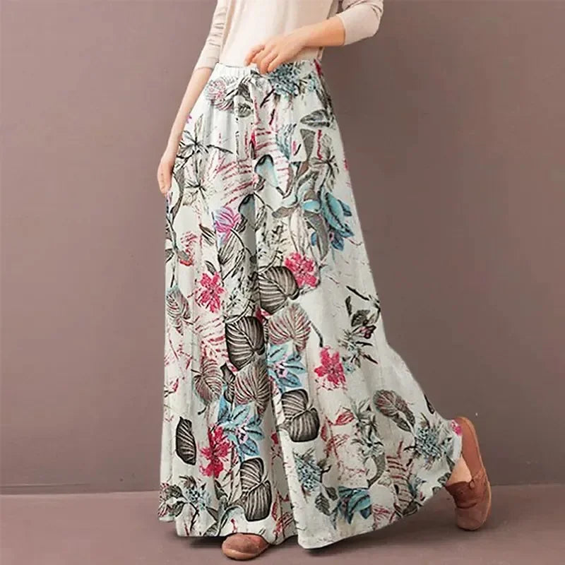Floral impressão perna larga calças femininas primavera cordão bohemia senhora casual solto cintura elástica pantalonsw plus size