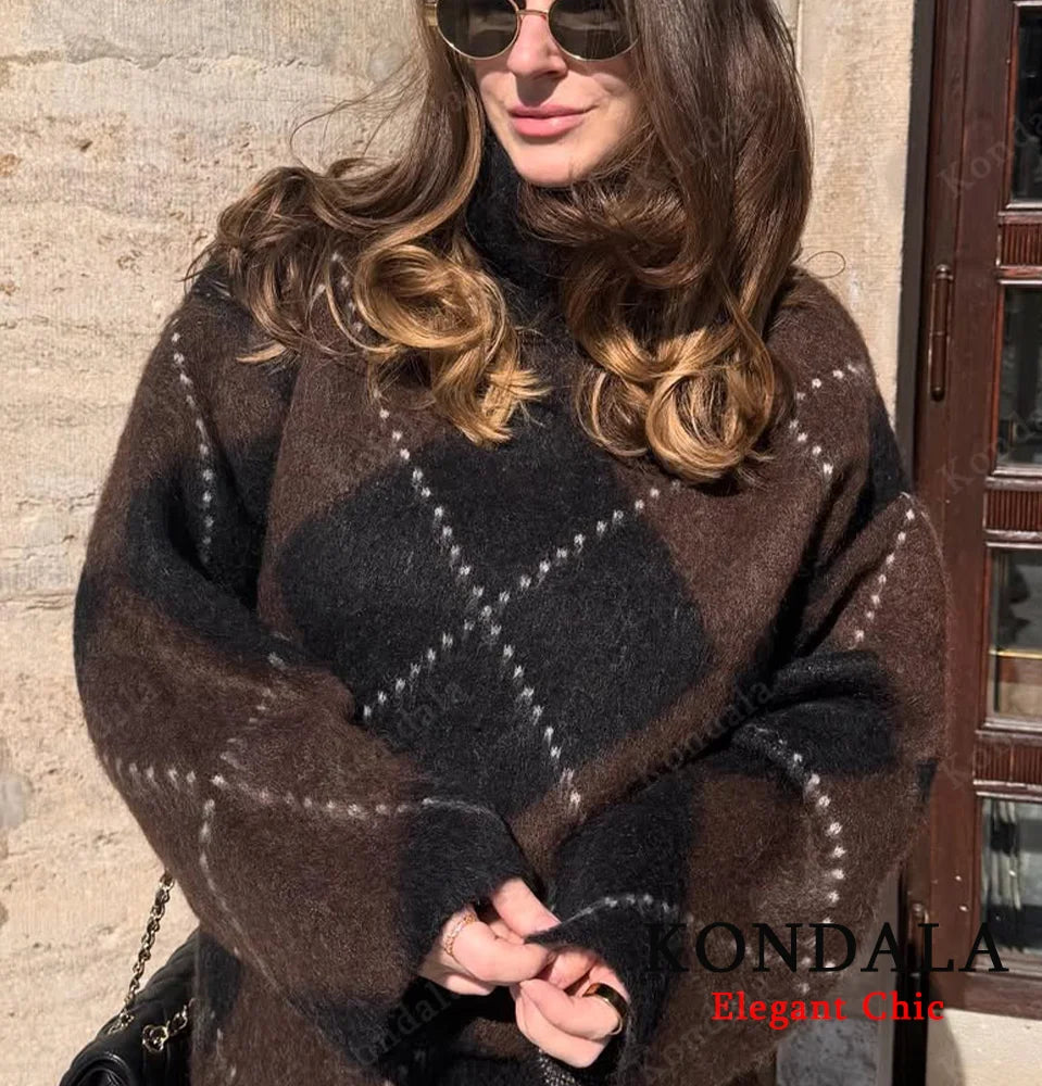 Elegant Rhombic Knitted Pullover Sweater for Women