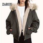 ZAROY Fur Collar Hooded Parkas Y2k Harajuku Thicken Padded Jackets Casual Zipper Gothic Women&Men Winter Coats Streetwear кур