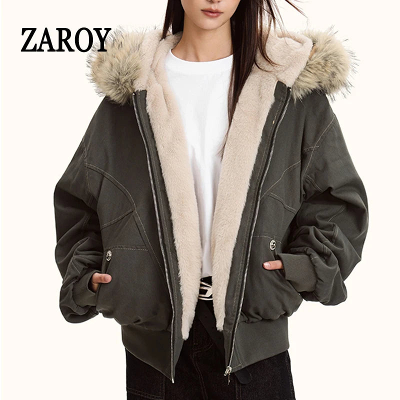 ZAROY Fur Collar Hooded Parkas Y2k Harajuku Thicken Padded Jackets Casual Zipper Gothic Women&Men Winter Coats Streetwear кур