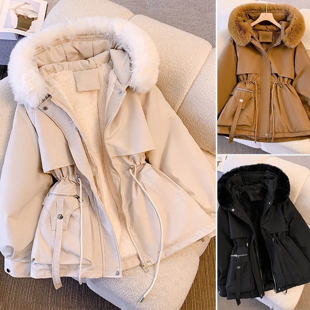 Women's Coats Cotton-Padded Plush Warm 2025 Autumn Winter Parkas Long Sleeve Hooded Fit Casual Outerwear Out Door Jackets