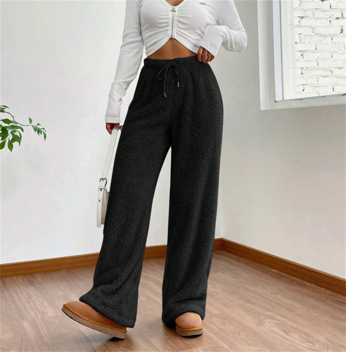 Women Drawstring Autumn Winter Pant Fashion High Wasit Plush Warm Pants Casual Straight Outfit Trousers Lady Streetwear Vintage