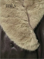 TFMLN 2025 Winter Women Loose Faux Leather Jacket Fashion Removed Big Fur Collar Causal Coat High Street Double Breasted Outwear