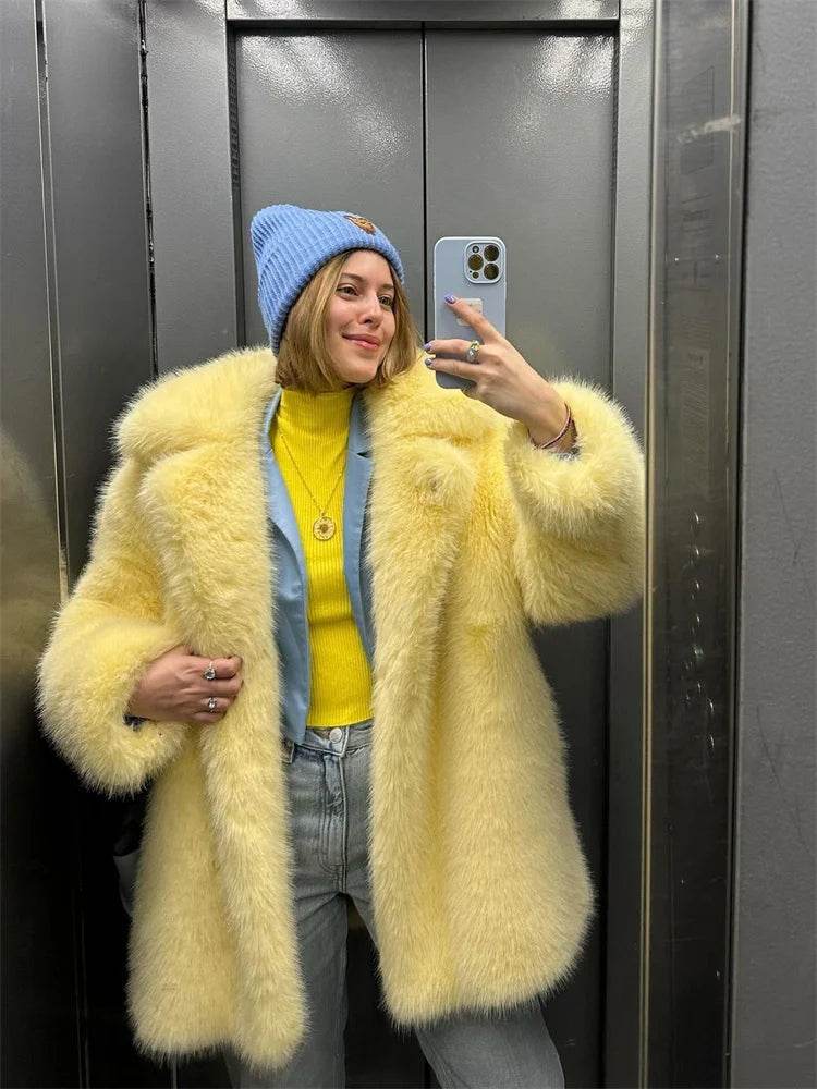 Luxury Faux Fur Women's Coat Turn down Collar Long Sleeve Button Pocket Soft Overcoat Thick Warm Winter Outerwear for Ladies