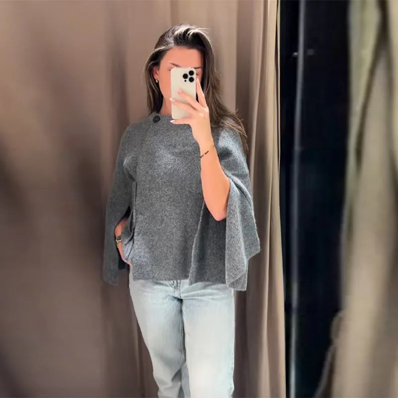 Casual Solid Women's Cardigan Lace Up Loose Knitwear Chic Spliting Batwing Sleeve Knitted Sweaters 2025 New Autumn Lady Knit Top