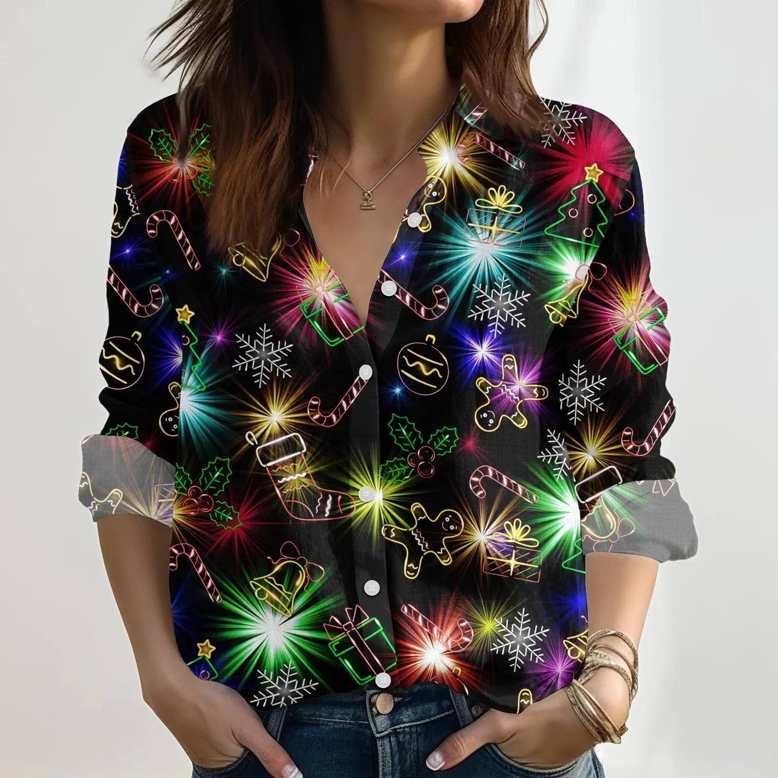 Christmas neon shirt with Christmas bear pattern for women, Christmas lights, Merry Christmas long-sleeved shirt