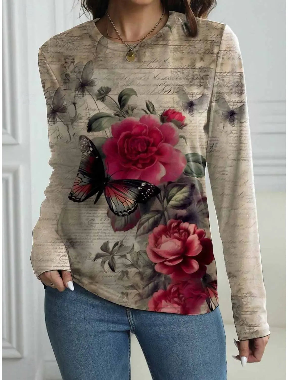 Vintage Flower 3d Print Long SleeveT-Shirt Casual Women's Clothing Long Sleeve T-shirt Fashion Casual Oversized Tops Tees Female