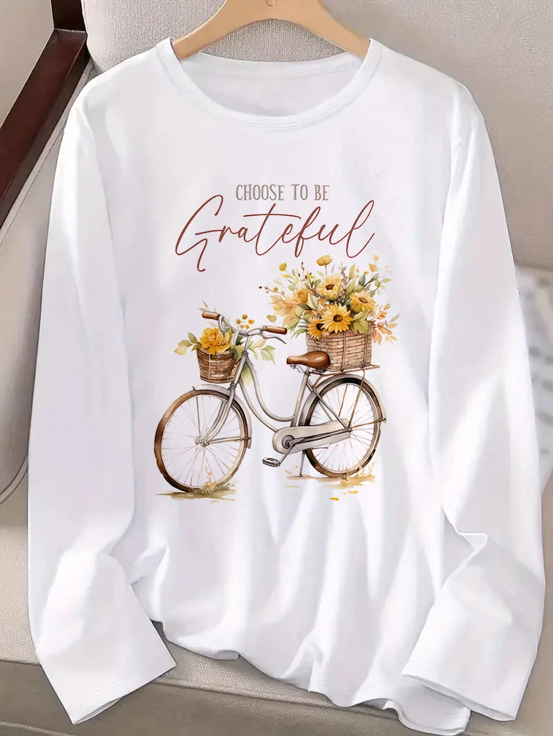 Vintage Choose to Be Grateful Bicycle Graphic T Shirt Women's Casual Long Sleeve T-Shirt Crew Neck Top Tee Tshirt