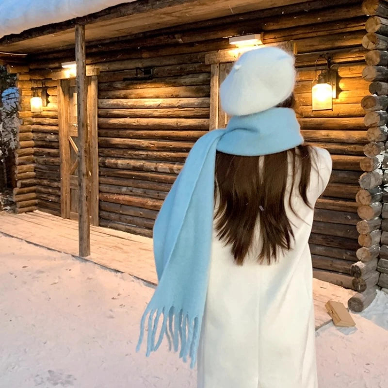 Winter Scarf for Women Cashmere Warm Solid Pink Pashmina Blanket Wraps Female Thick Soft Bufanda Big Tassel Shawl Long Echarpe