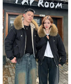 ZAROY Fur Collar Hooded Parkas Y2k Harajuku Thicken Padded Jackets Casual Zipper Gothic Women&Men Winter Coats Streetwear кур