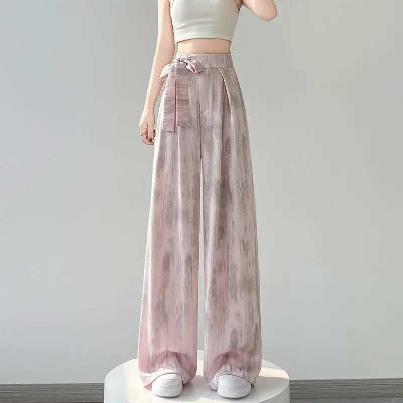 Mulheres cetim vintage borboleta impressão rendas elegante calças de perna larga y2k feminino chique cintura alta solta calças retas pantalones