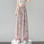 Mulheres cetim vintage borboleta impressão rendas elegante calças de perna larga y2k feminino chique cintura alta solta calças retas pantalones