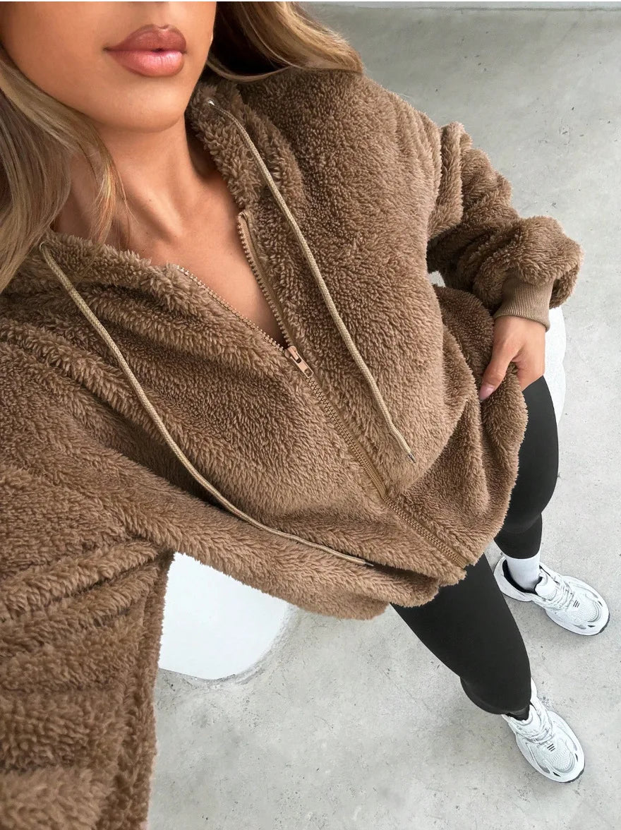 Jaqueta de moletom com capuz feminino outono e inverno com zíper de veludo cardigan top preto cinza solto ajuste