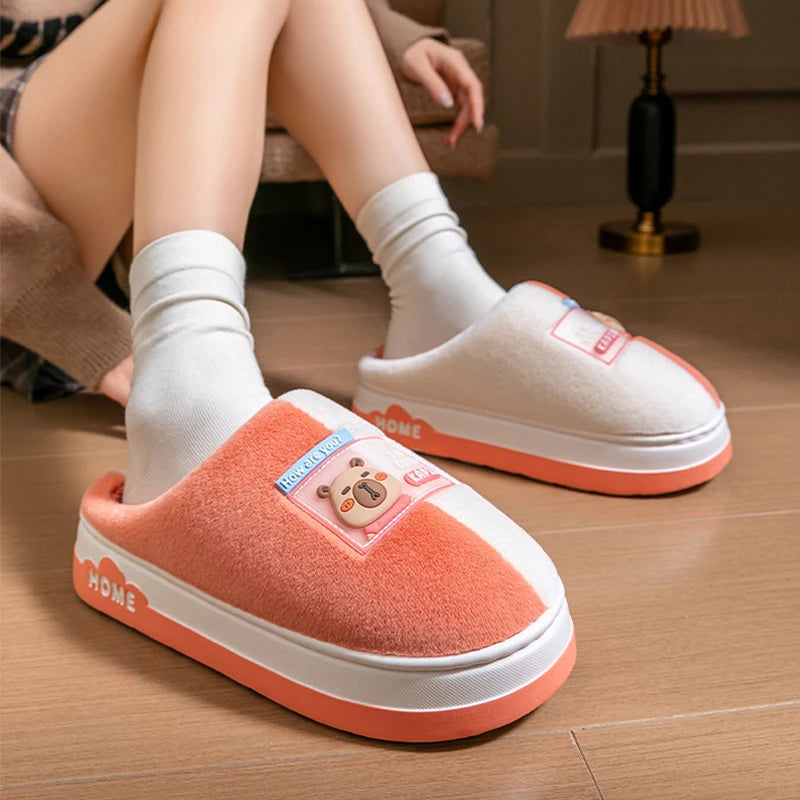 2025 New Cartoon Plush Slippers for Women - Winter Warm Couple House Shoes, Thick Sole Indoor Cotton-Lined Home Slides