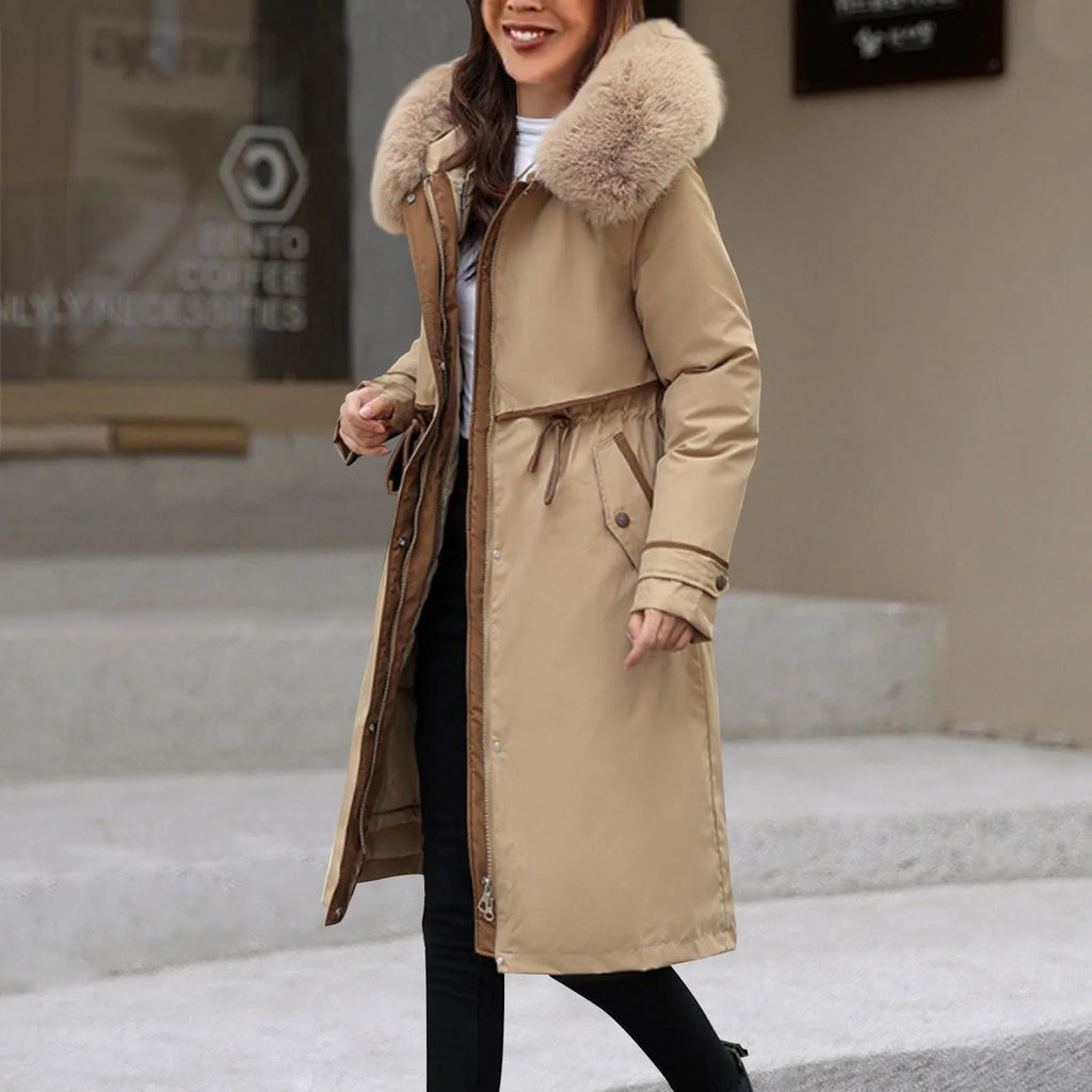 Korean Style Women'S Mid Length Cotton Jacket Hoodie Fit Women Jackets Winter Mid-Length Office Cotton Coats Warm Fleece Parkas