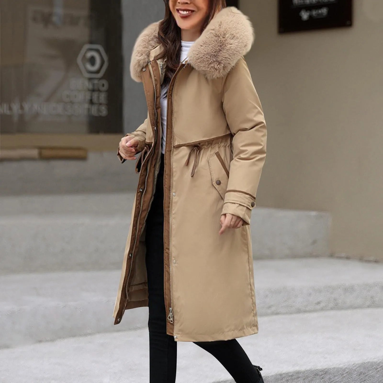 Korean Style Women'S Mid Length Cotton Jacket Hoodie Fit Women Jackets Winter Mid-Length Office Cotton Coats Warm Fleece Parkas