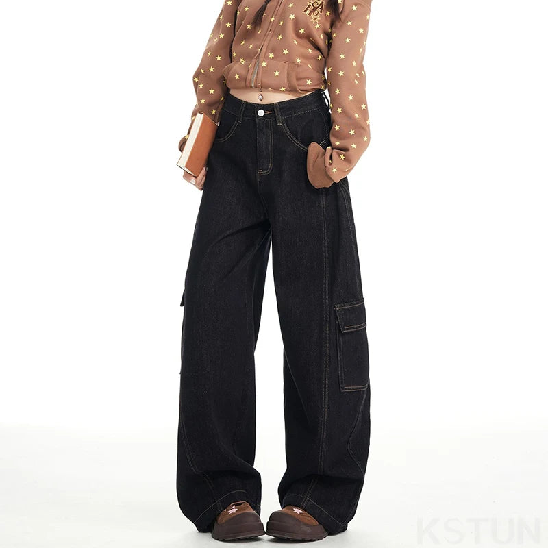 KSTUN 2026 Spring High Waist Women's Wide Leg Black Jeans Americian Vintage Casual Cargo Pants Loose Fit Female Long Trousers