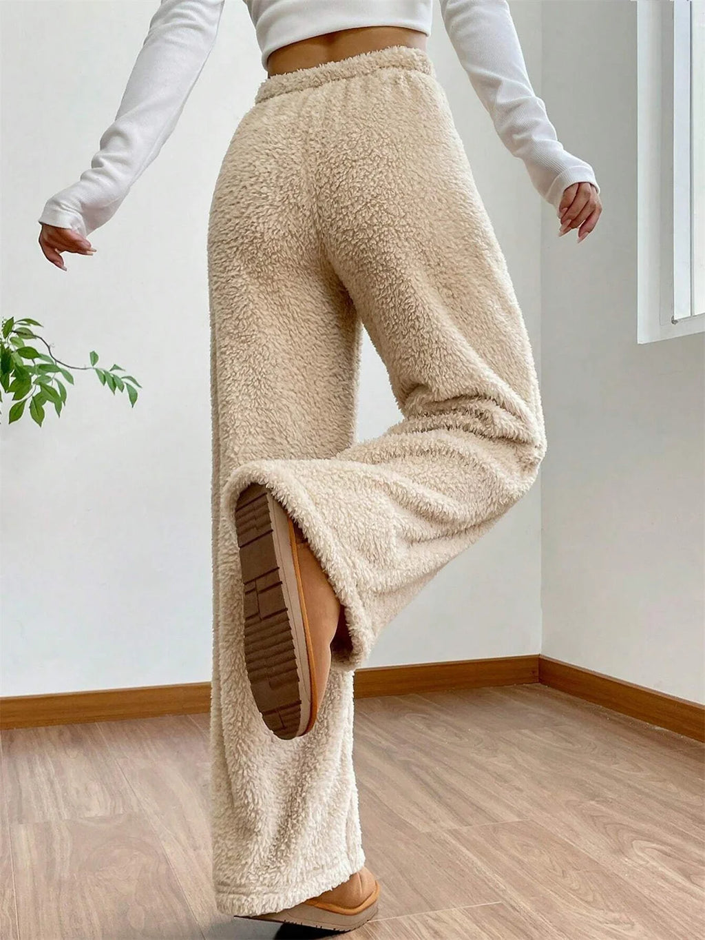 Women Drawstring Autumn Winter Pant Fashion High Wasit Plush Warm Pants Casual Straight Outfit Trousers Lady Streetwear Vintage