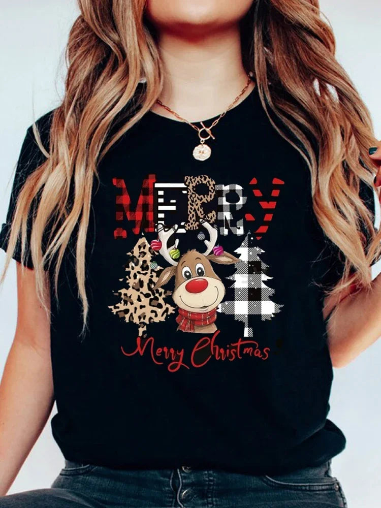Cute Reindeer Leopard Print Women Christmas T Shirt Casual Cartoon Christmas Tree Graphic Short Sleeve Female T-Shirt