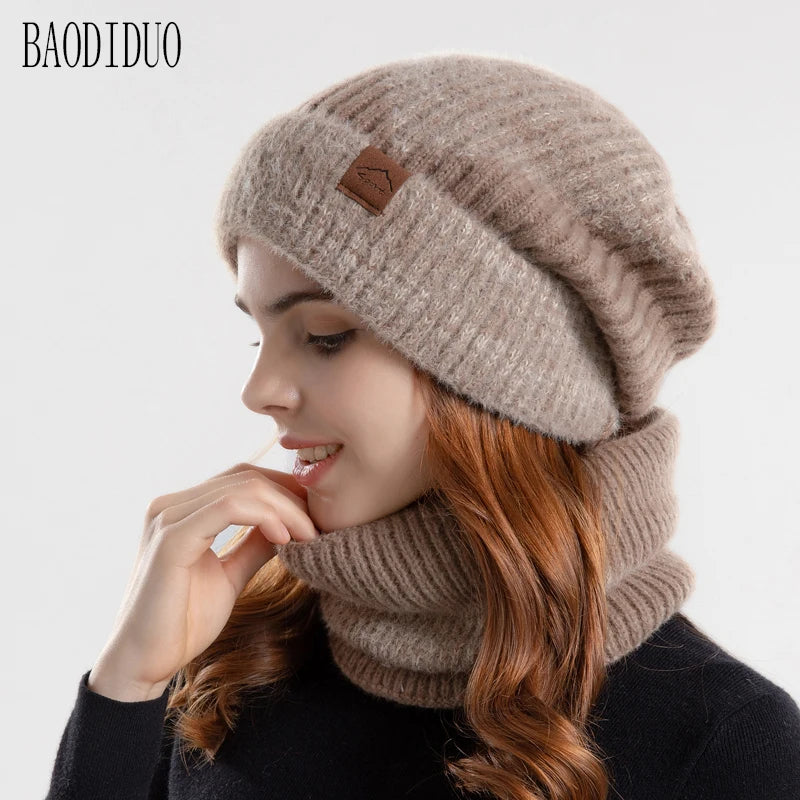 Xinbaoguan 100% acrylic 9971 winter thick and warm ear protection woolen hat with velvet scarf two-piece set knitted hat