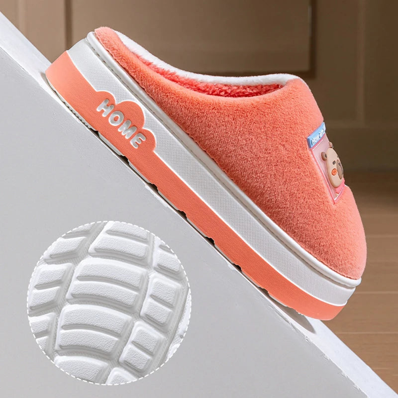 2025 New Cartoon Plush Slippers for Women - Winter Warm Couple House Shoes, Thick Sole Indoor Cotton-Lined Home Slides