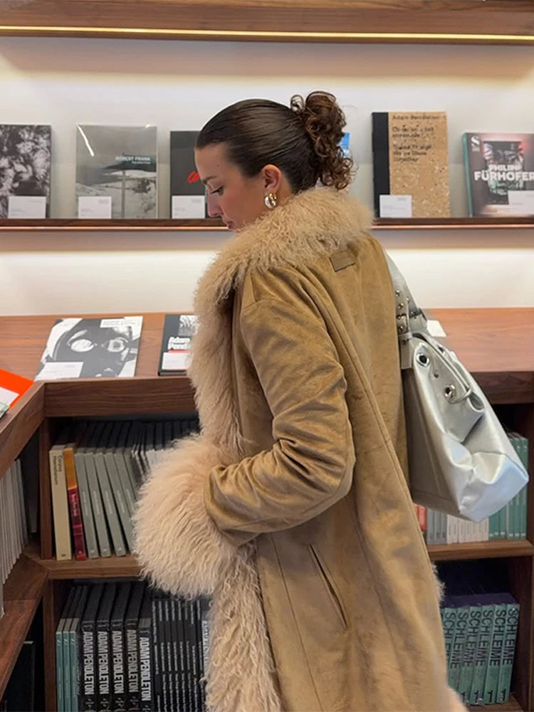 Chic Faux Fur Patchwork Woolen Women's Coat Lapel Full Sleeve Solid Long Coats 2025 Autumn Winter Fashion Female New Outerwears