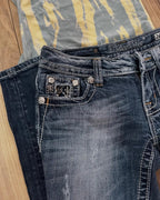 Retro Miss Me Boot Cut Jeans Female Y2K New Blue Jeans Embroidered Wing Pocket Hip Hop Harajuku Gothic Wide Pants Street Wear