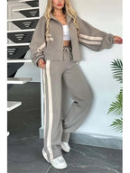2025 Autumn Winter New Two-piece Set Women's Zipper Striped Loose Jacket Outwear And High Waist Side-striped Pants Sports Sets