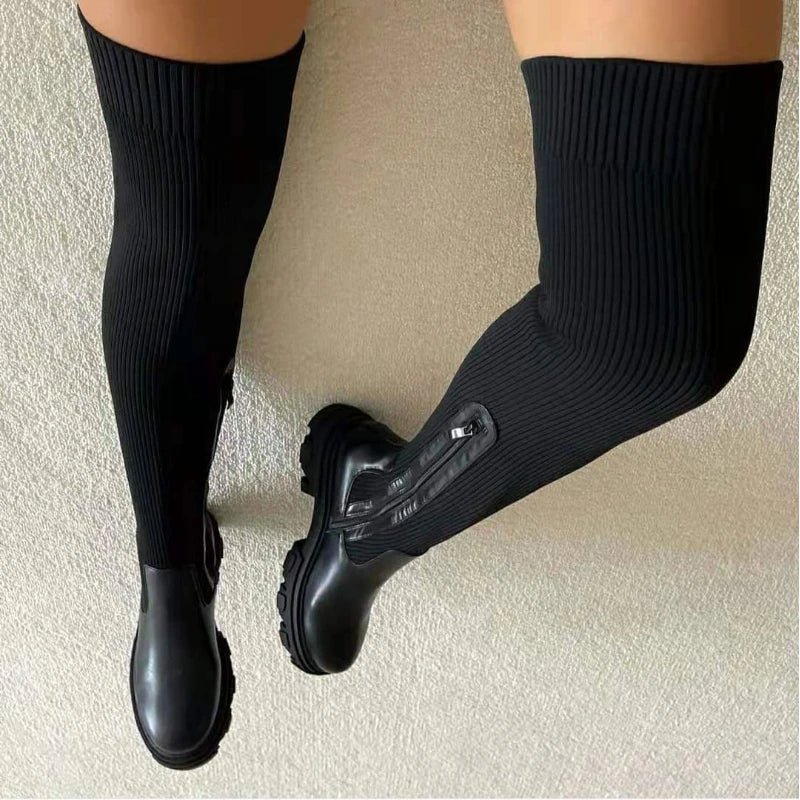 Botas grossas de sola feminina, meia de tricô respirável, botas altas para a coxa feminina, sapatos de salto redondo, plus size 43, outono, inverno, 2022