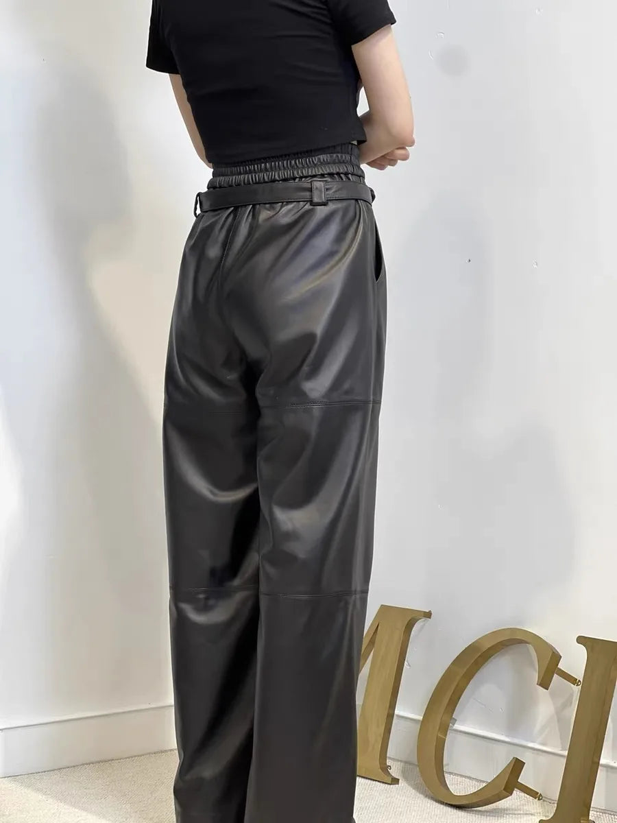 Y2k calças de carga femininas cintura alta calças largas 2025 nova moda coreana perna larga calças de couro genuíno streetwear estilo solto