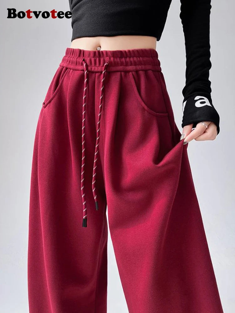 Botvotee 2025 Calça de moletom feminina estilo americano – Calça de salão larga com bainha curvada e corredores fluidos outono solto ajuste casual streetwear