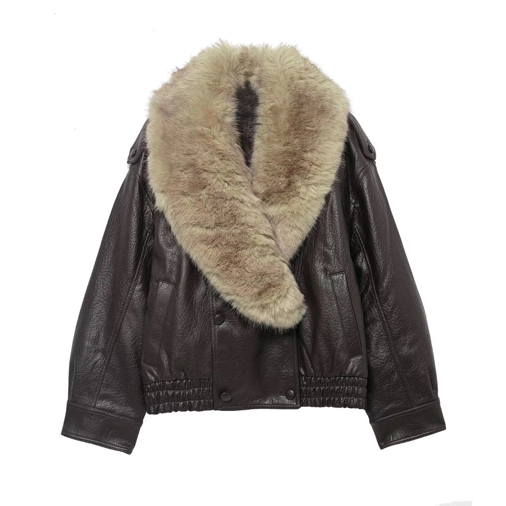 Elegant Faux Leather Jacket with Detachable Fur Collar