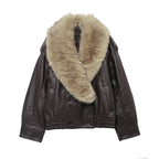 Elegant Faux Leather Jacket with Detachable Fur Collar