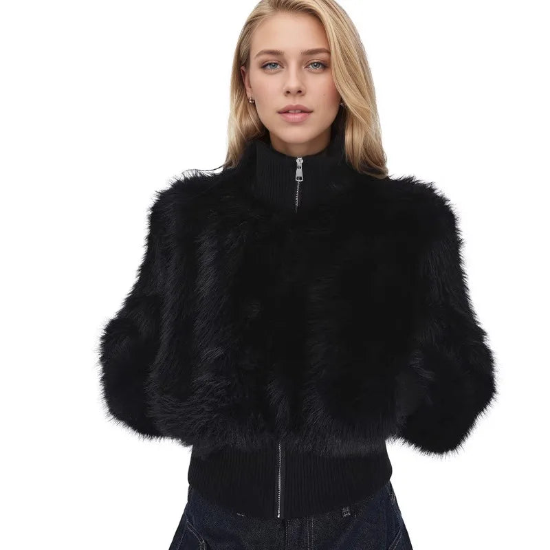 Gola alta e ombro frontal imitação de pele de raposa casaco para outono e inverno feminino 2025 novo zíper casaco de pele curto de alta qualidade