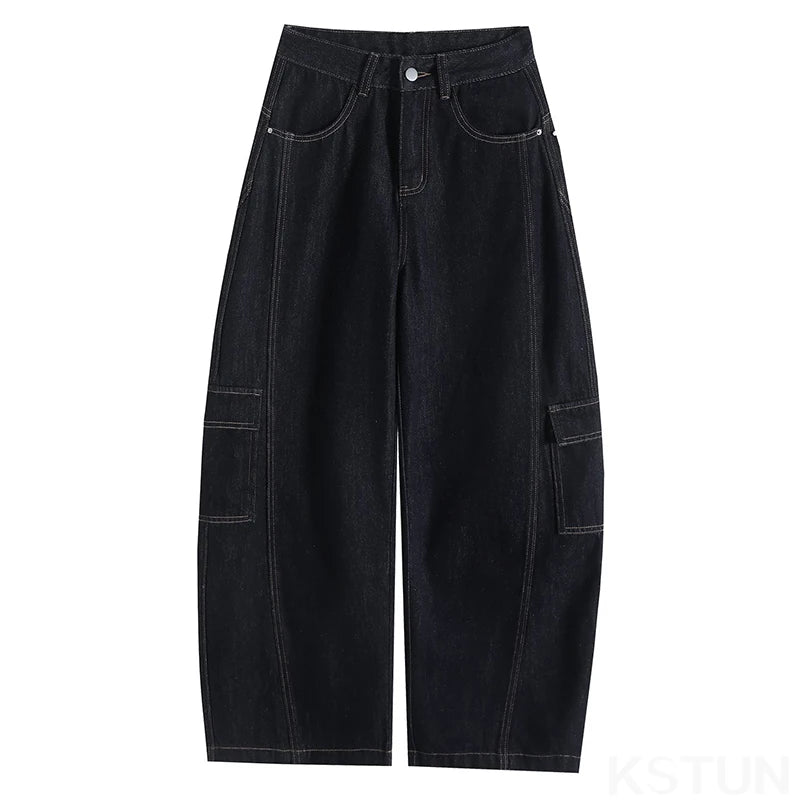 KSTUN 2026 Spring High Waist Women's Wide Leg Black Jeans Americian Vintage Casual Cargo Pants Loose Fit Female Long Trousers