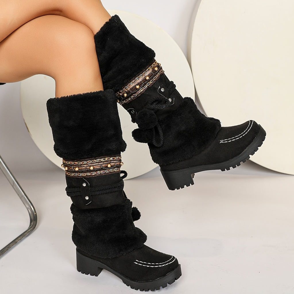 Botas de Inverno Retrô Bohemian Femininas com Detalhes de Bolas de Miçangas e Laço - Botas de Cano Médio com Solado de Borracha Grossa e Forro de Pele Sintética para Passeios Casuais, Encontros, Compras - Preto, Botas de Inverno