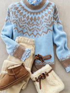 Blusa Feminina Elegante Casual Étnica/Geométrica - Blusa de Inverno Quente com Bloco de Cores e Gola Redonda, Lavável na Máquina, Confortável para Camadas de Outono/Inverno, Novidade 2024 (Poliéster) - Coleção Elegante para Vestidos e Blusas