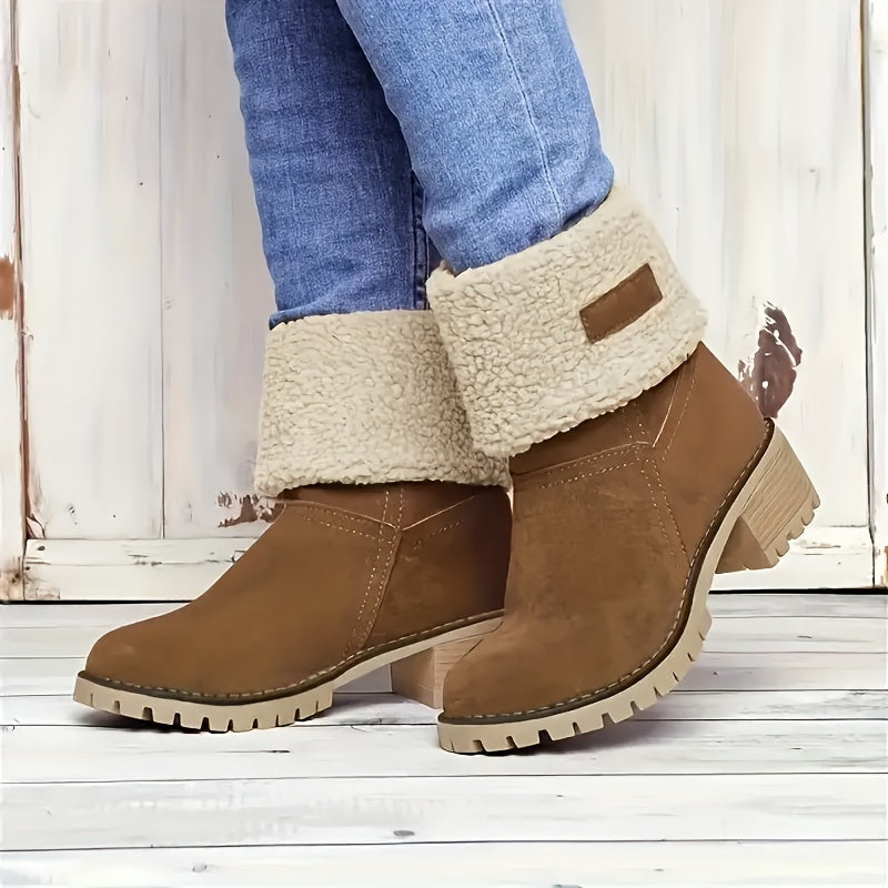 Botas de inverno para mulheres com salto grosso - Botas de cano médio com biqueira redonda e forro de lã, forro de tecido quente e sola de borracha para deslocações ao ar livre, uso casual - Tamanho grande disponível, Botas de inverno, Calçado para clima frio, Forro de interior felpudo, Calçado de tração durável, Calçado para uso diário, Forro aconchegante, Usuários de clima quente