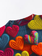 Tamanho Grande - Camisola Elegante Feminina com Padrão de Corações | Época de Outono, Gola Redonda, Manga Comprida, Corte Oversize, Pulôver com Estampado Digital