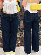 Calças Jeans Plus Size Femininas de Perna Larga em Linha H - Calças Compridas com Zíper na Coxa, Azul Escuro Elástico (Sem Passantes), Uso Casual e Formal para Todas as Estações, Lavável na Máquina para Mulheres Curvilíneas (Tamanho Plus Size)