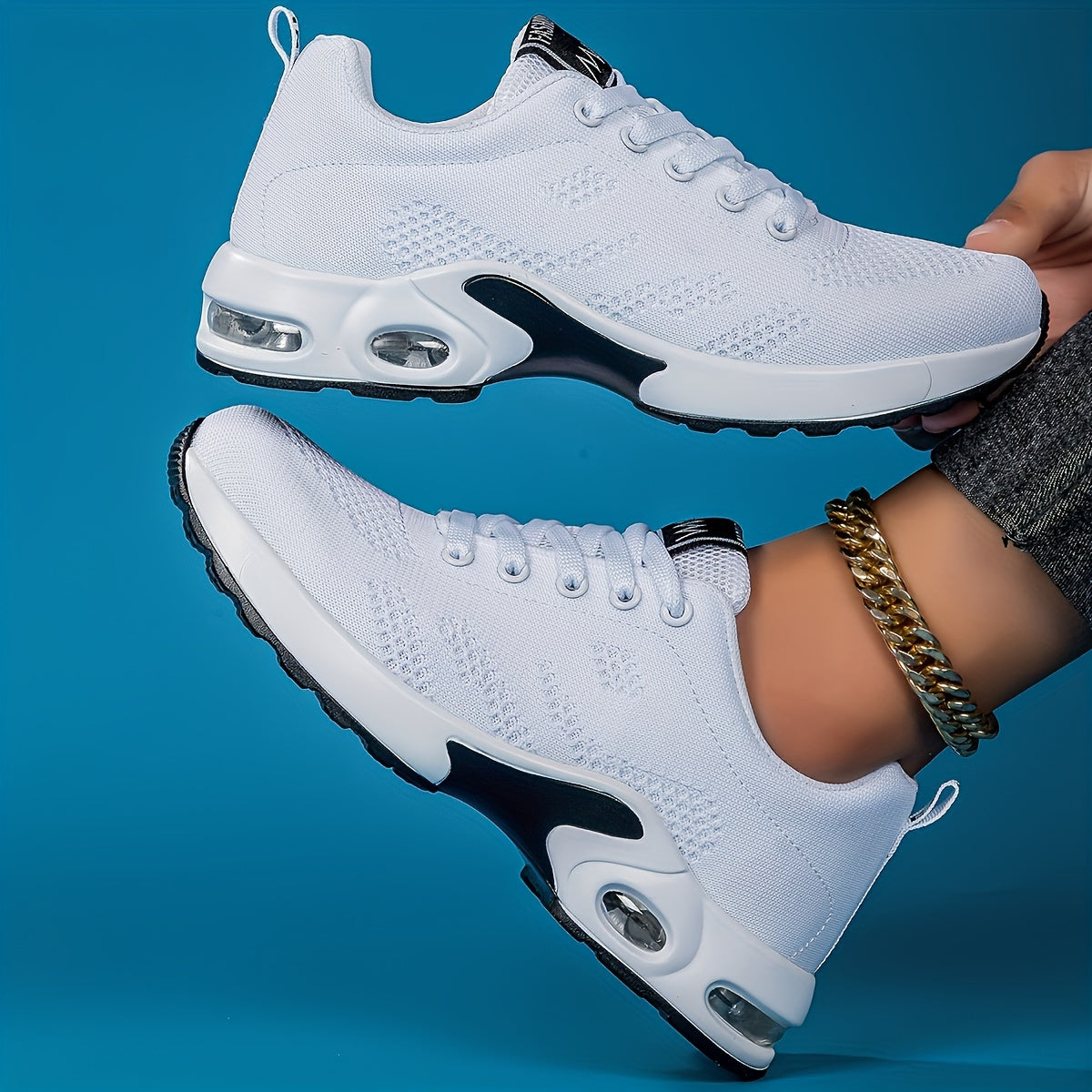 Ténis de senhora com amortecimento de ar, ténis de corrida com absorção de choque em tecido, calçado desportivo para ar livre confortável com atacadores